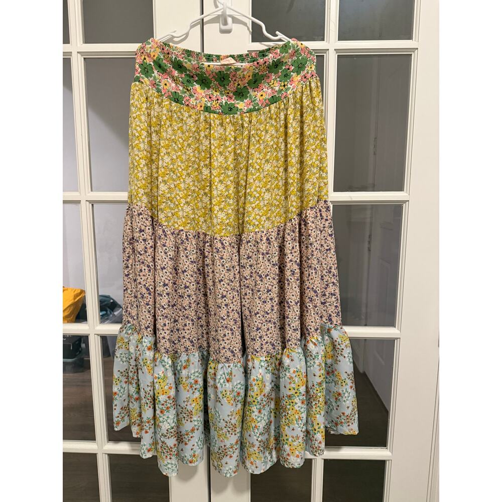 Hadley & Co. Floral Tiered Midi Skirt Boho Cottagecore Patchwork Multicolor